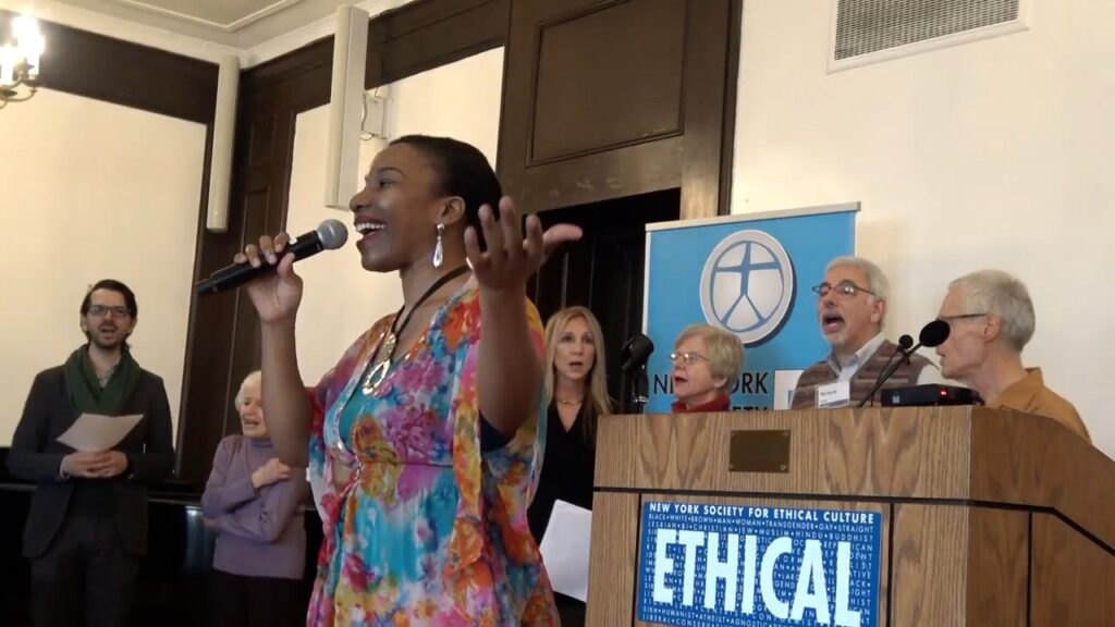 Picture of Onome leading the "Sunday Platform" at the NY Society for Ethical Culture